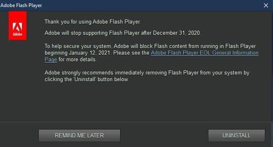 Windows10将永久删除FlashPlayer Flash Player将在2020年12月不再支持